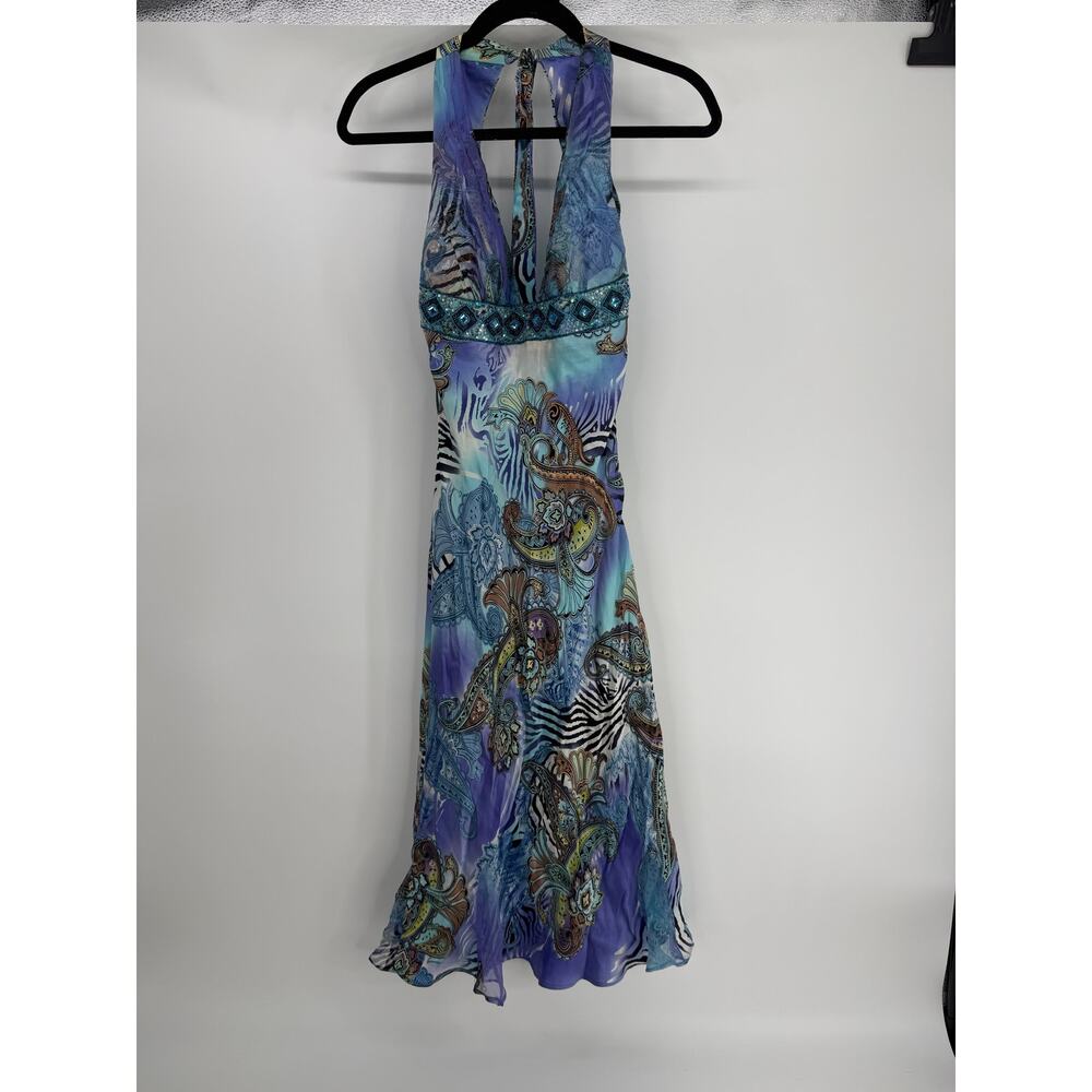 Cache Y2K abstract paisley printed slip silk dress